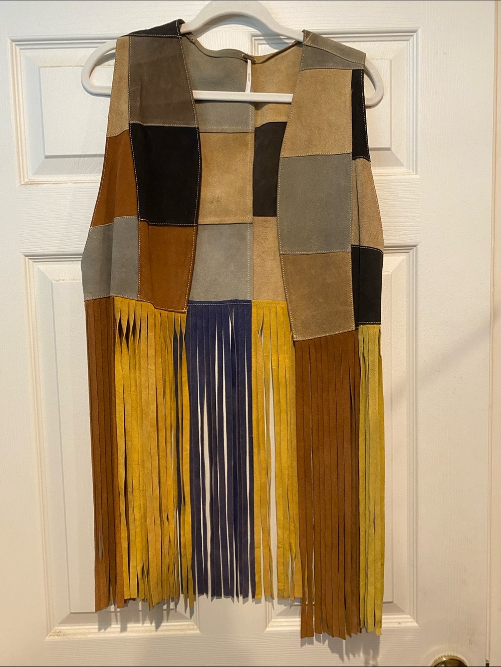 Free People Patchwork Suede Fringe Vest in Brown, Tan, Mustard, Blue